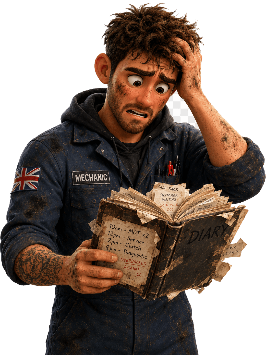 Overwhelmed mechanic surrounded by paperwork and a messy diary
